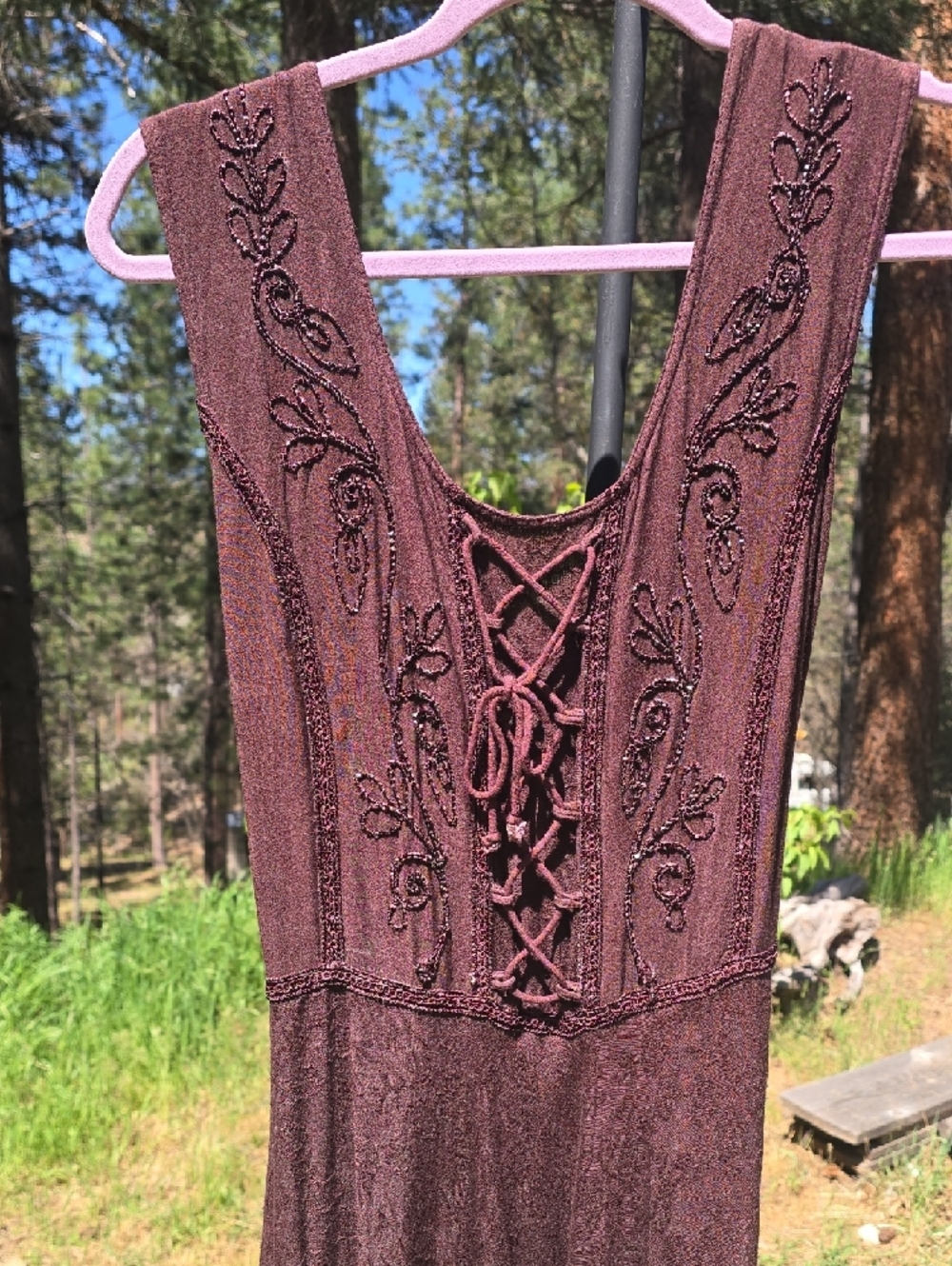 Boho Lace-Up Sleeveless Maxi Dress in Deep Burgundy - Picture 3 of 3